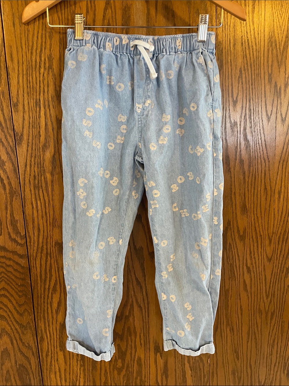 Bobo Choses Light Blue Denim Joggers with Cream Print